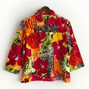 Choices Patchwork Jacket Top Cardigan Floral Tropical Sequin Zebra Button Large